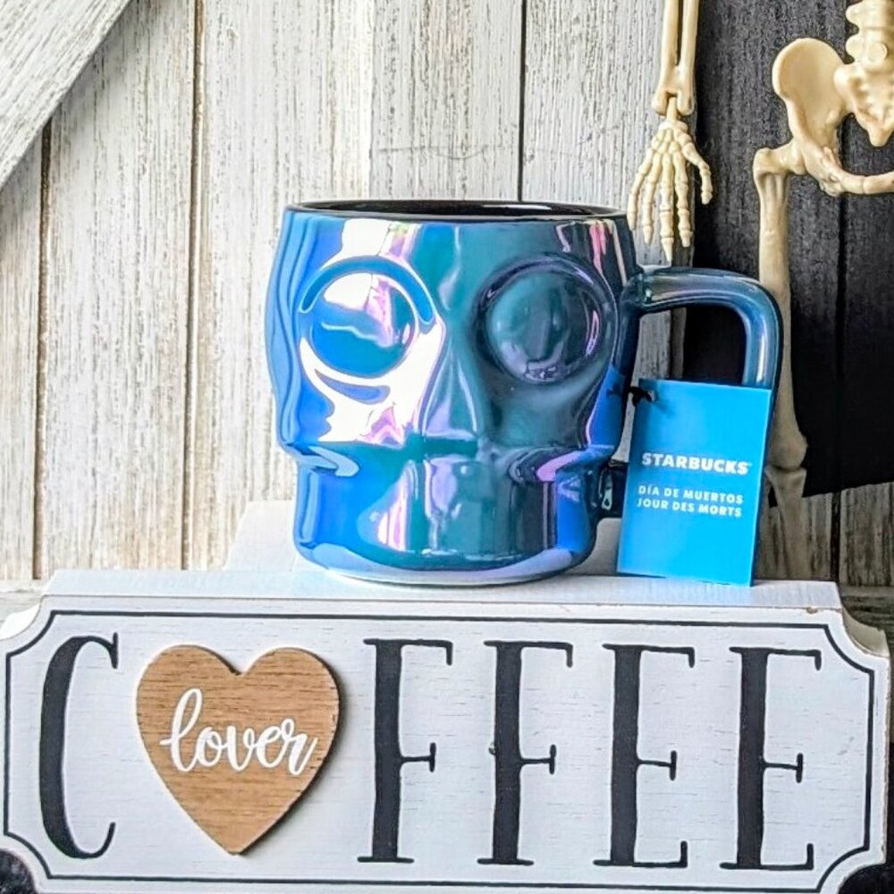 Starbucks Halloween Skull Mug 14oz Blue Iridescent Ceramic Limited Edition 2025